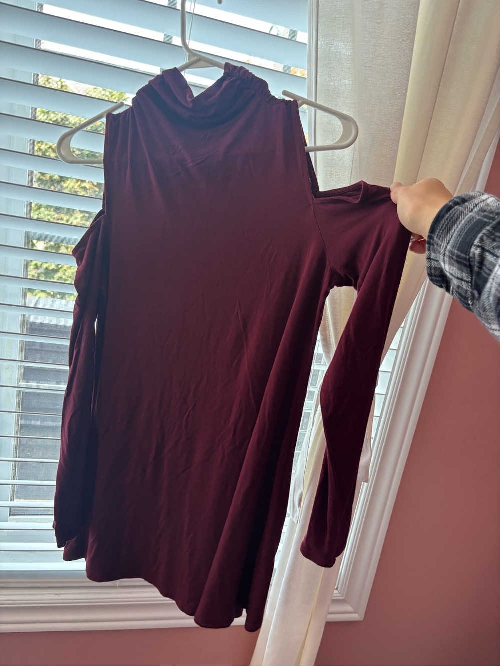 Cupio Burgundy Cold-Shoulder Mock Neck Tunic Dress for fall